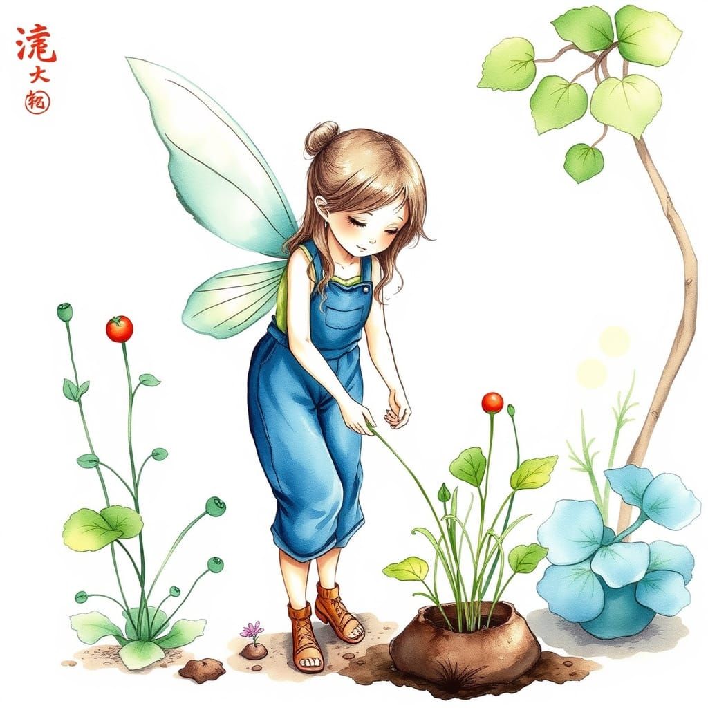 watercolor chinese wet ink shui-mo hua painting whimsical garden fairy dressed in blue overall gardening fairy planting ...