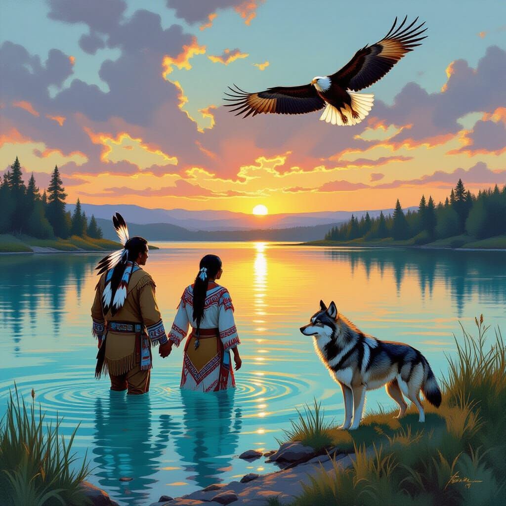 Native American Couple and Wolf at Twilight Lake
