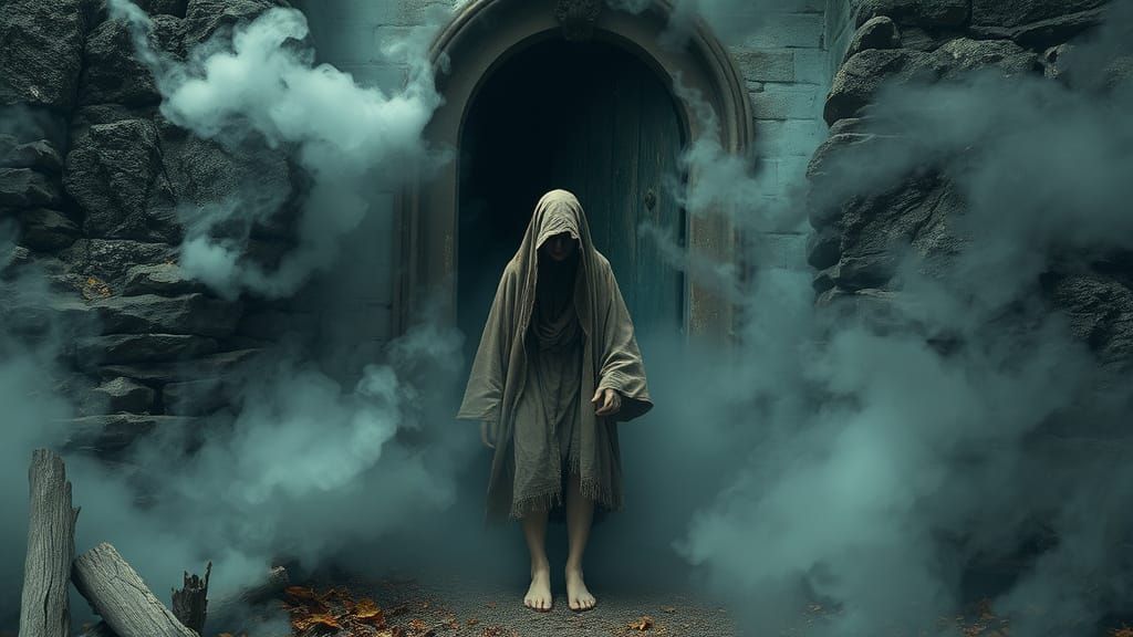 Ethereal Ghostly Figures Emerging from Misty Doorway