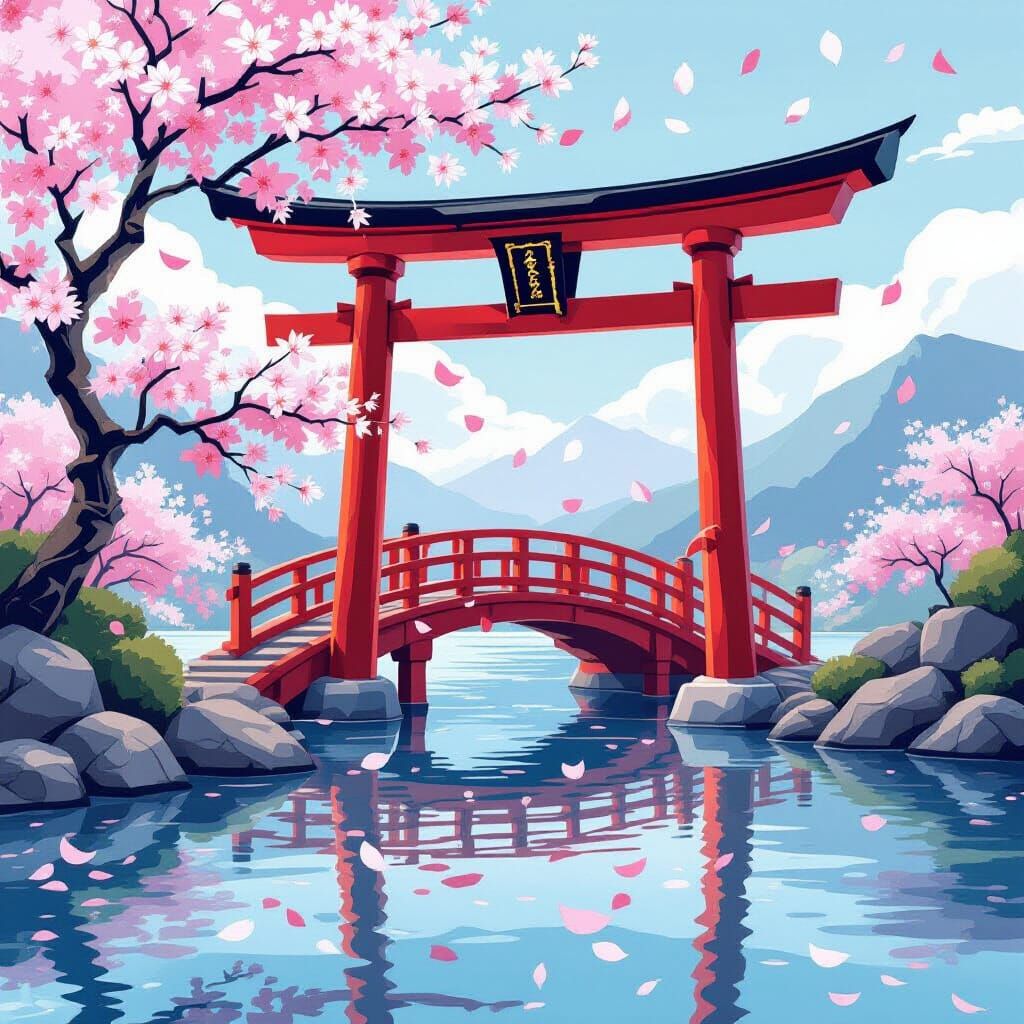 Torii Gate with Cherry Blossoms and Abstract Fractals