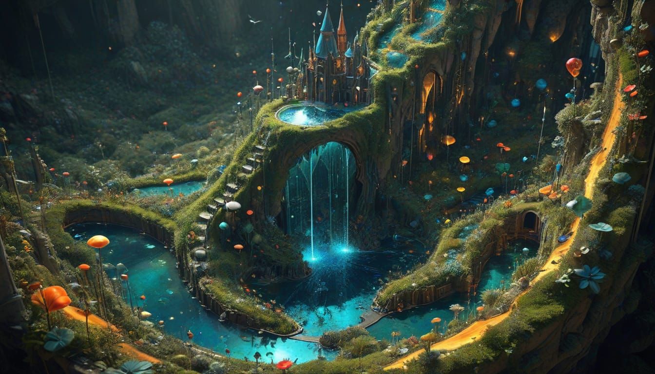 3D above view beautiful solarpunk aetherpunk idyllic utopian world with vast lush undulating landscape filled with thous...