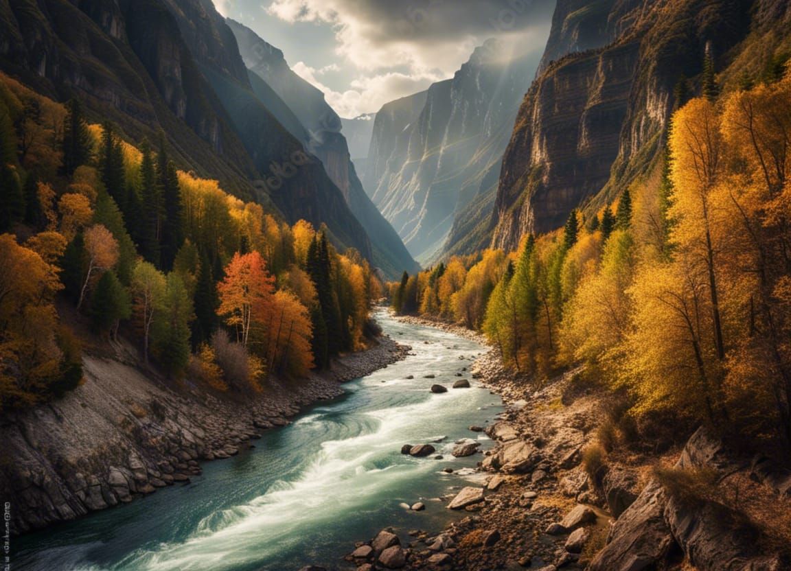 Picturesque White Water Rapids in Mountain River Gorge
