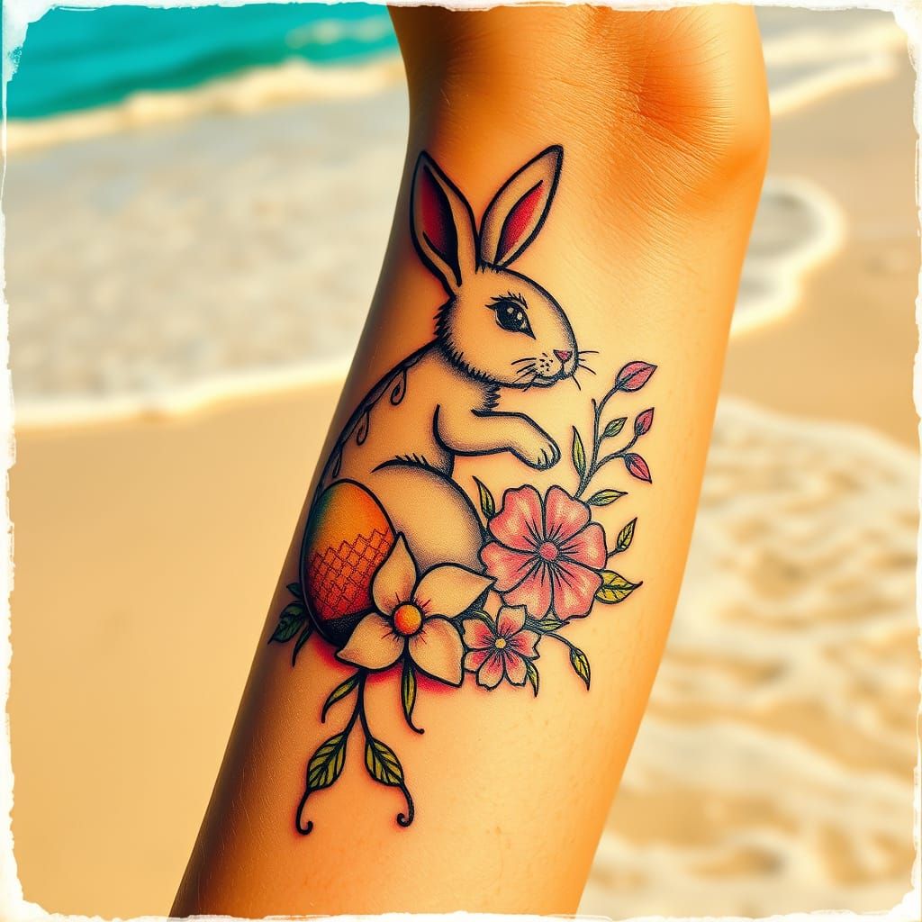 Vibrant Easter Tattoo on Sun-Kissed Beach in Cyberpunk Style