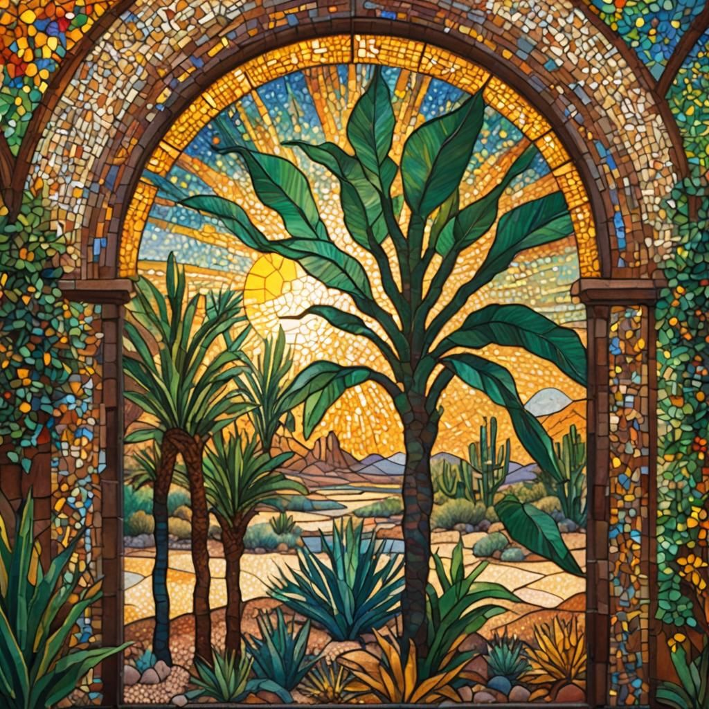 Desert Oasis Stained Glass in Pointillism Style