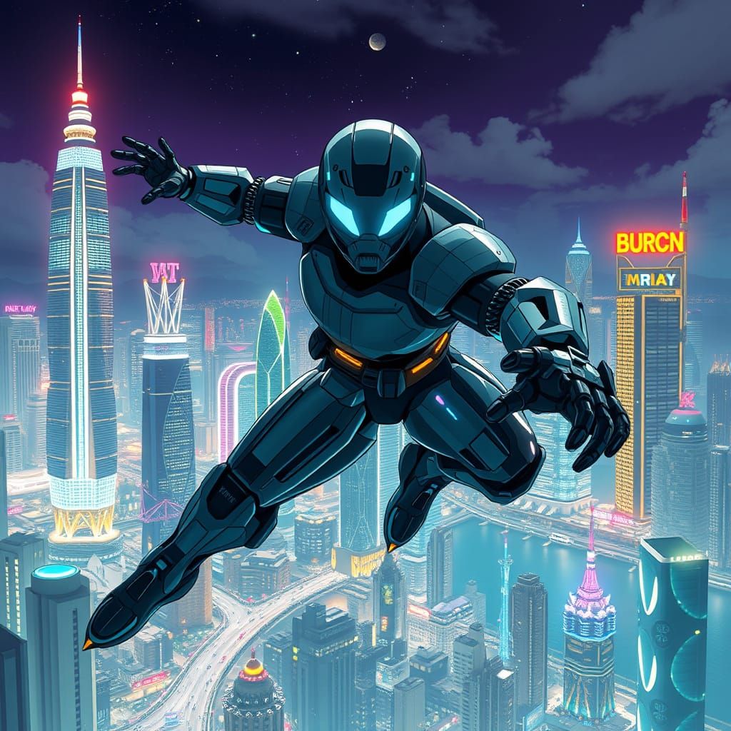 Cyborg Warrior in Neon Hong Kong Skyline