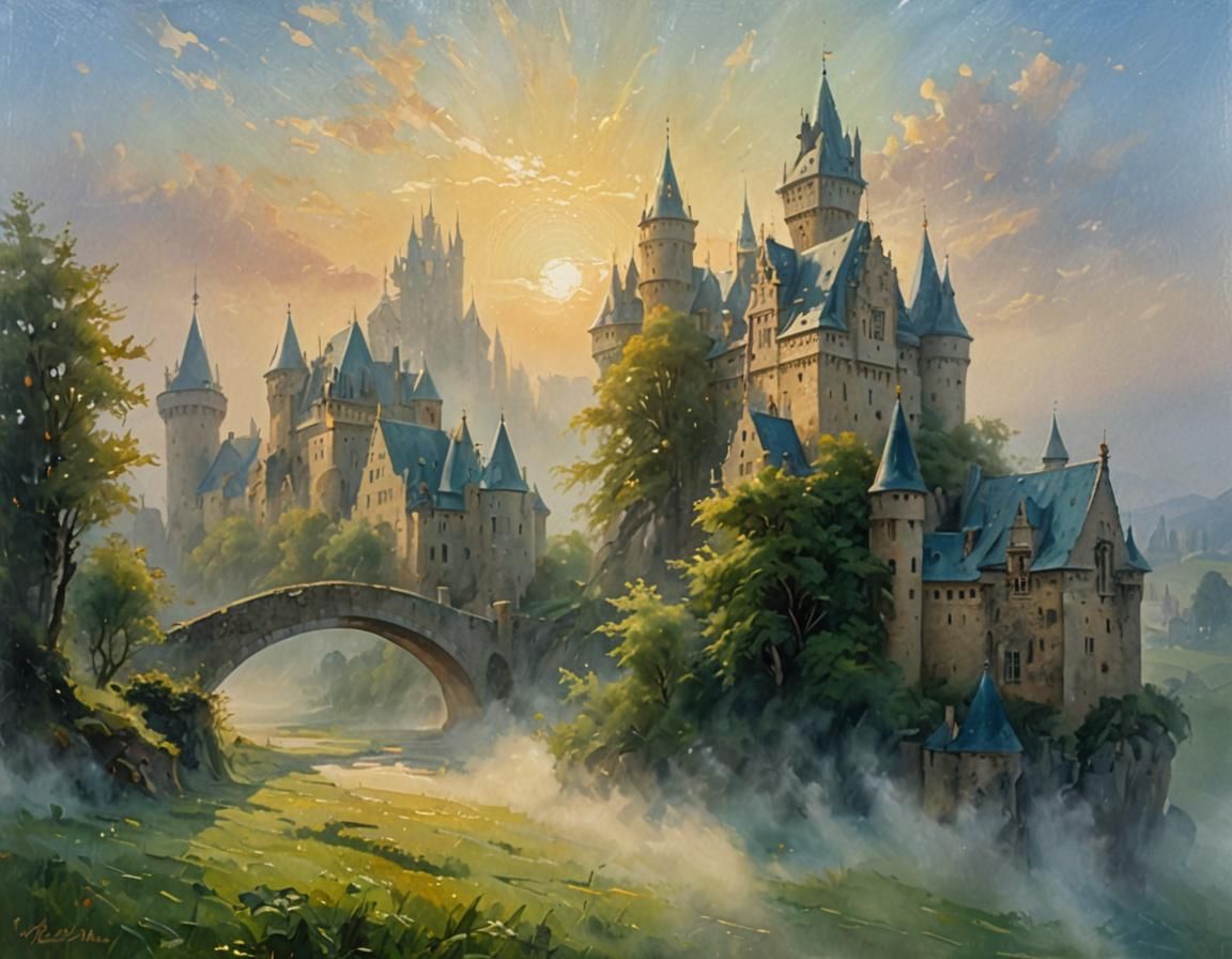 Majestic Château Emerges from Mist: Impressionist Oil Painti...