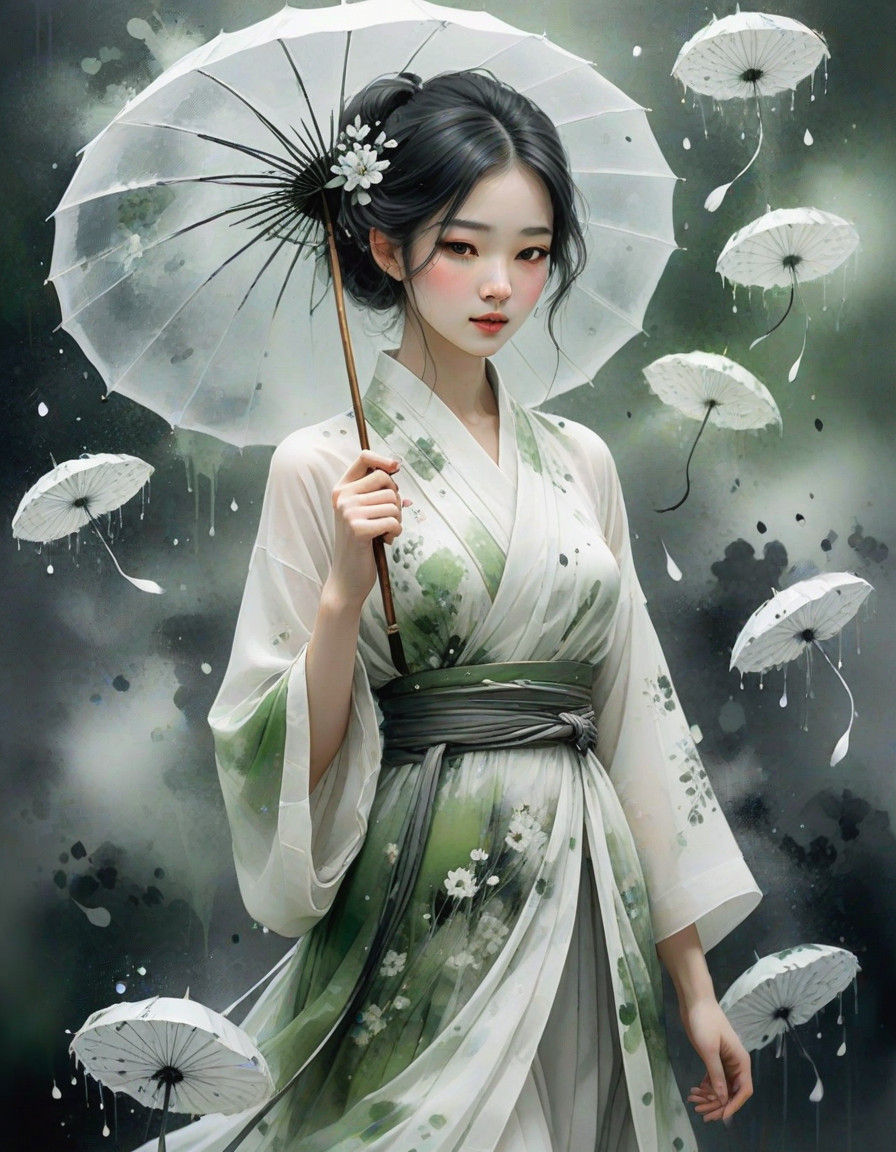 Ethereal Whimsy in Traditional Chinese Dress, Soot Painting...