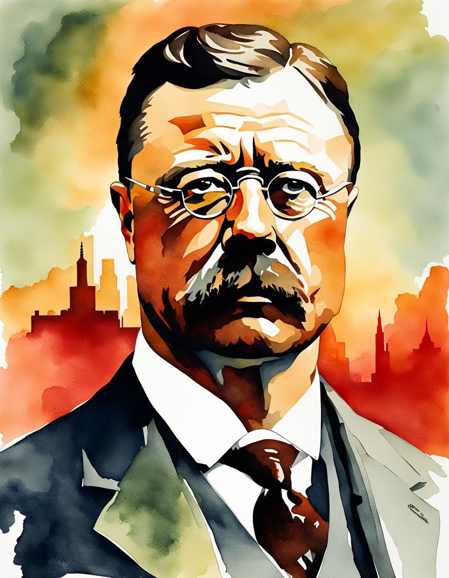 Theodore Roosevelt Portrait in Art Deco Watercolor