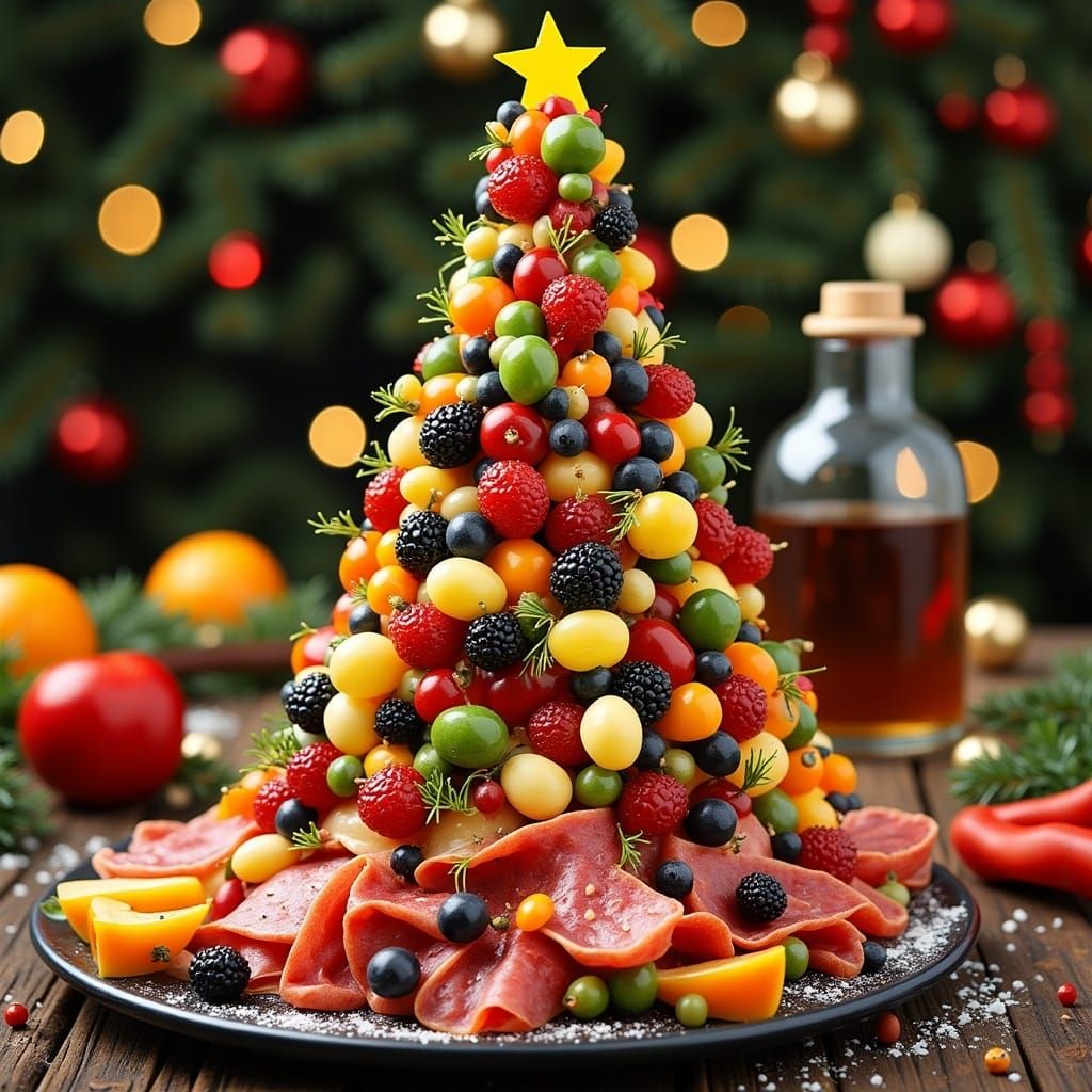 Surreal Charcuterie Christmas Tree in Vibrant Colors