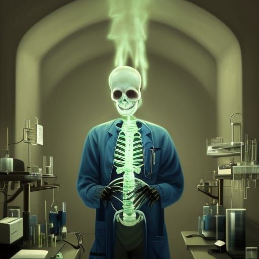 Grinning Scientist with Glowing Skeleton in Laboratory