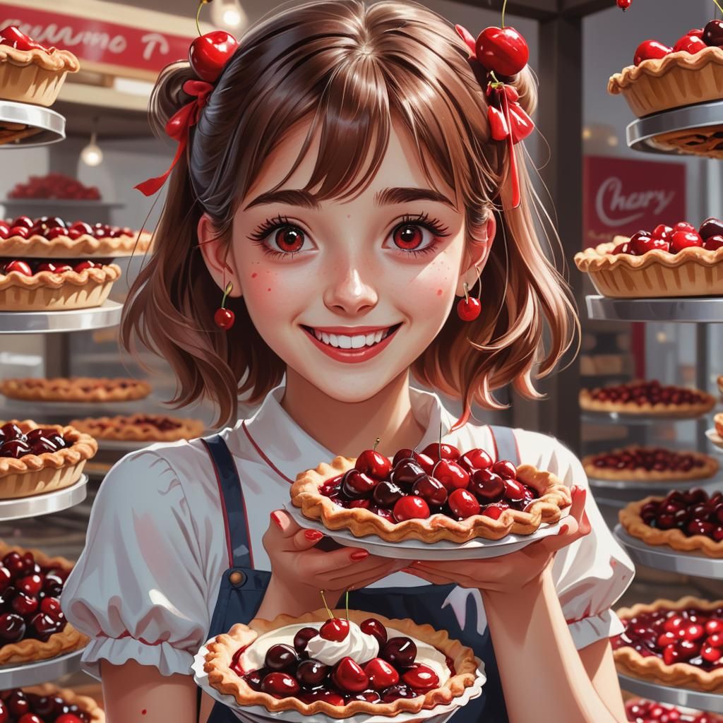 Joyful Girl with Cherry Pie in Bakery