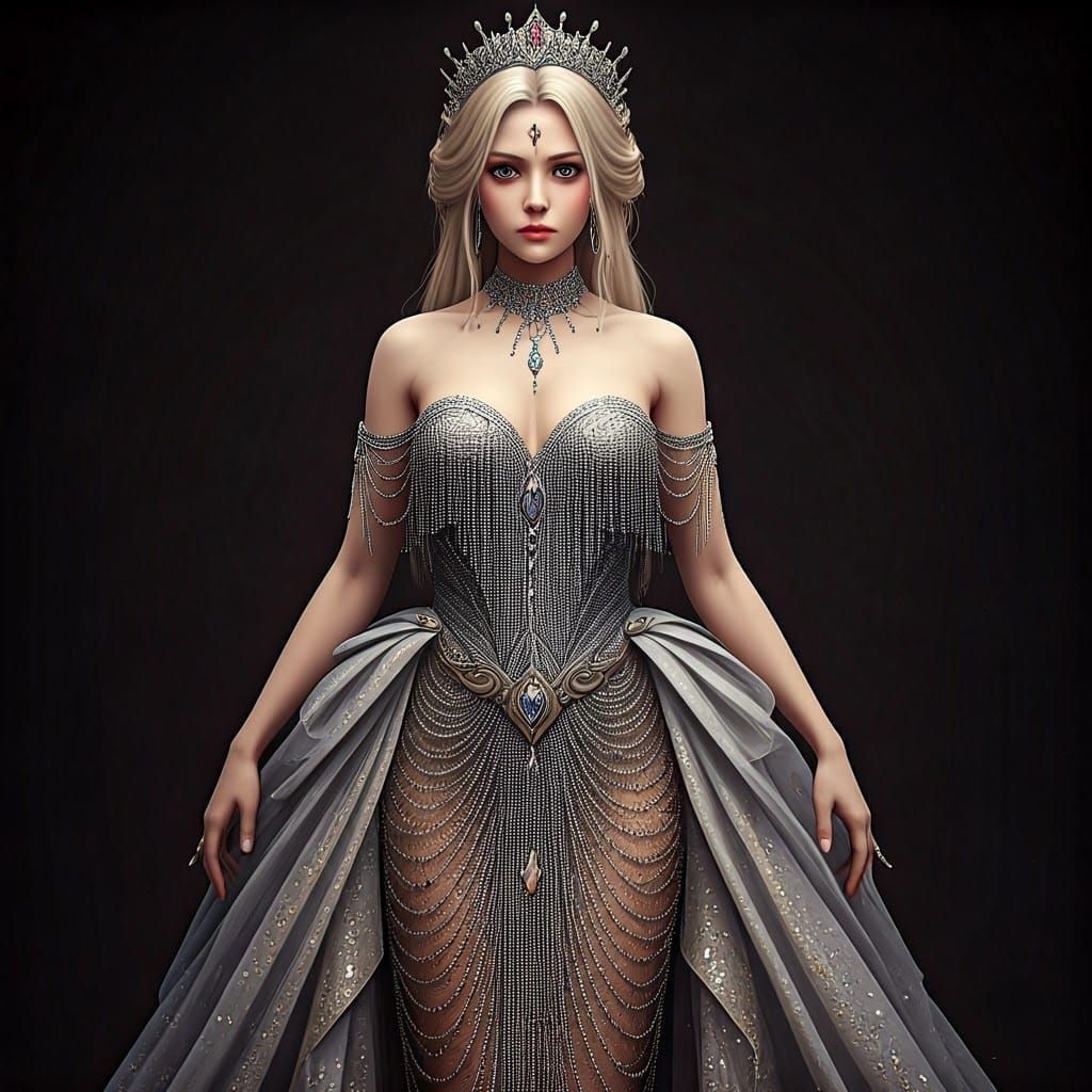 Surreal anime beauty in sparkling evening gown with tiara