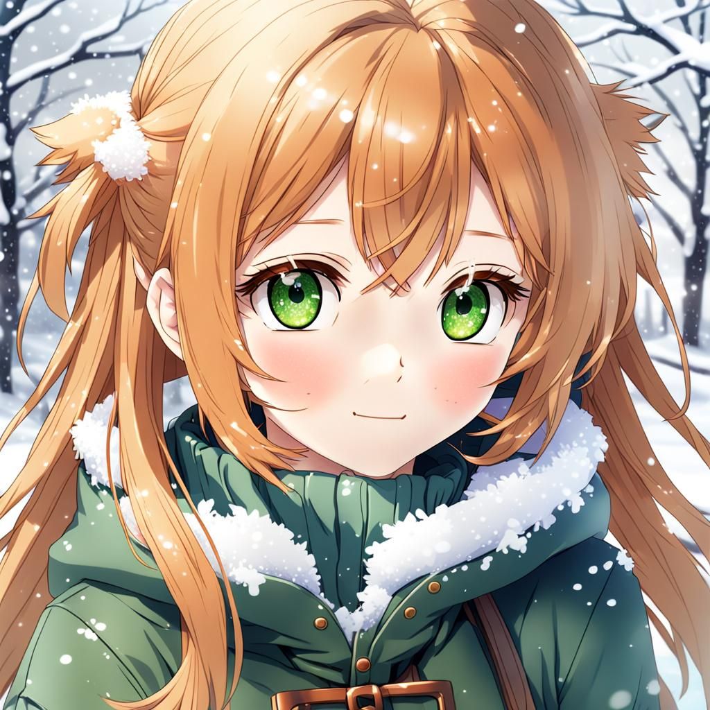Anime Girl Portrait with Hazel Eyes and Snowy Background