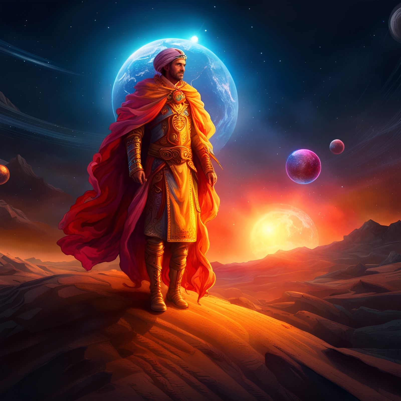 Wandering Hero in Far Future Desert: Synthwave Style