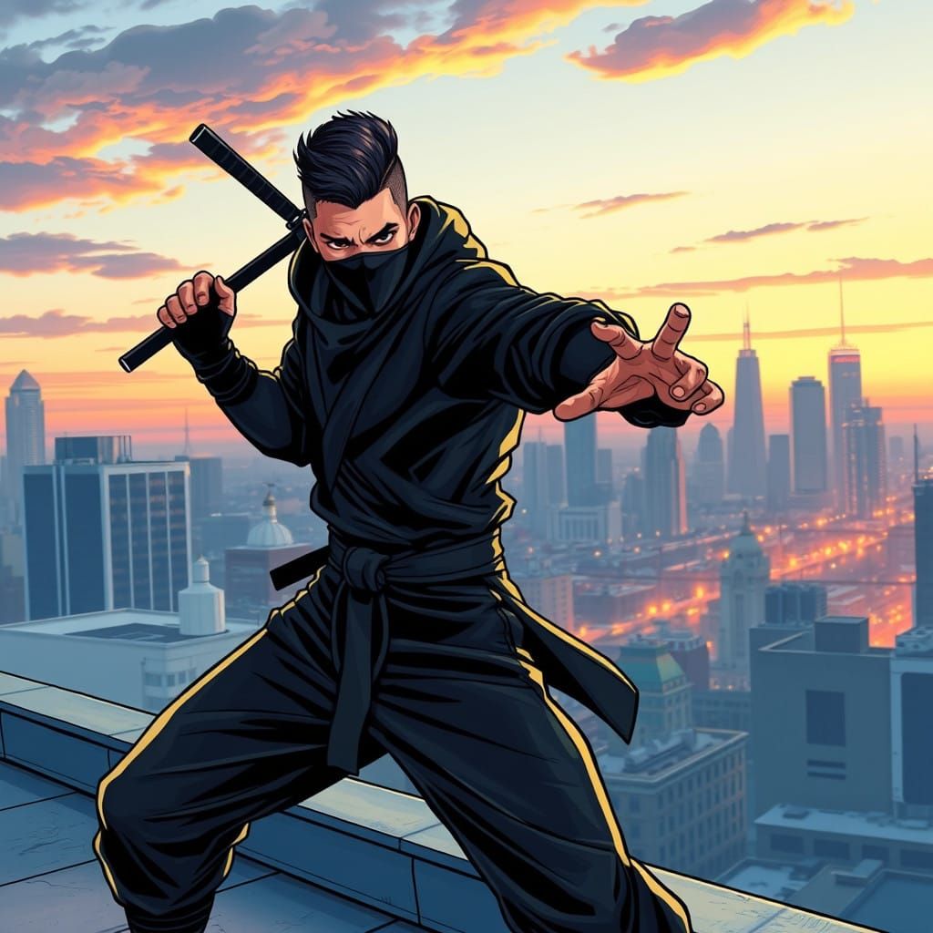 Powerful Ninja with Low Taper Fade in Dynamic Comic Book Sty...