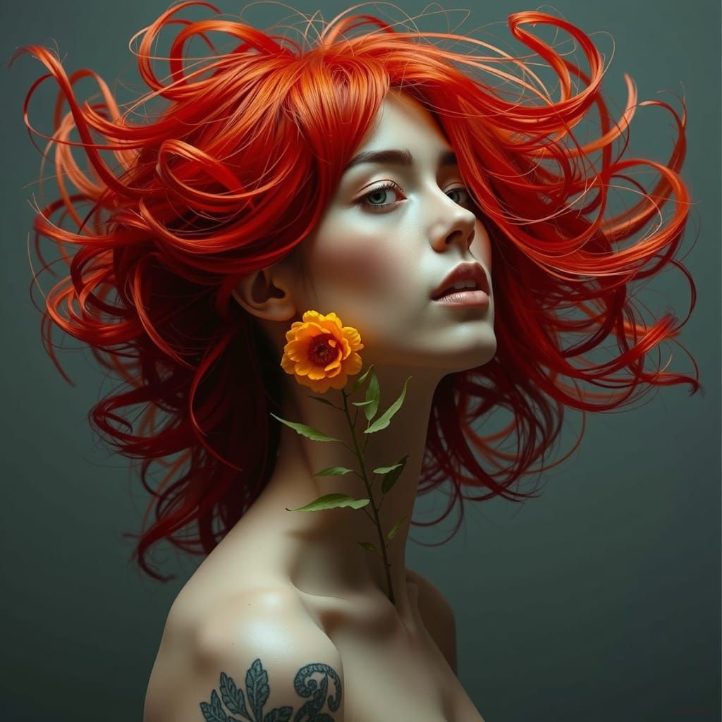 Teal Haired Woman With Yellow Flower Under Blue Sky