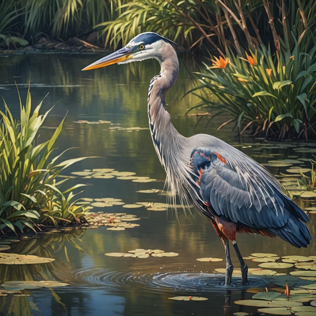 Great Blue Heron Fishing: Hyperrealistic Splash Art