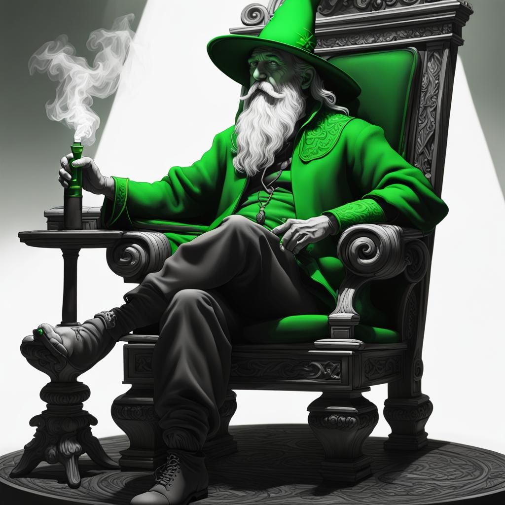 Wizard with Green Hat Smoking Pipe: Dark Fantasy Art