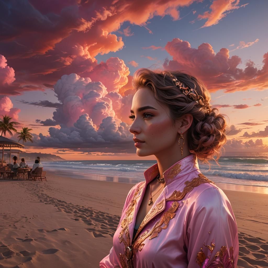 Lady on Beach at Sunset: Fantasy Concept Art