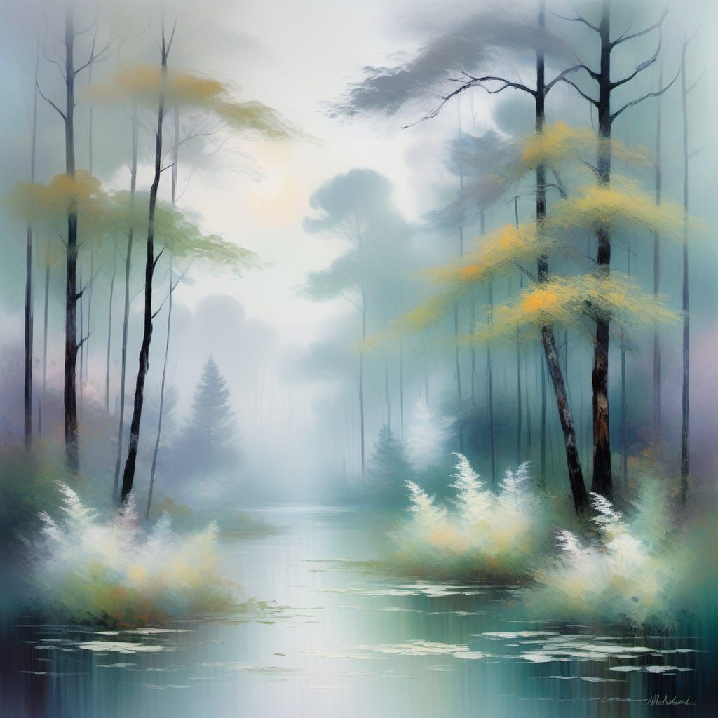 Misty Forest Serenity: Impressionist Style Landscape