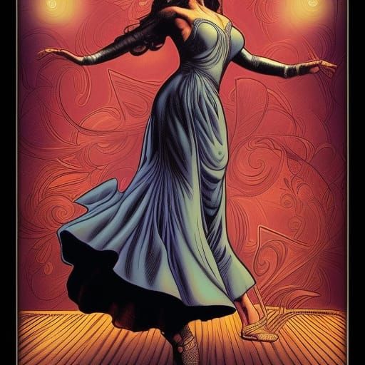 Woman Dancing on Music Box in Comic Book Style