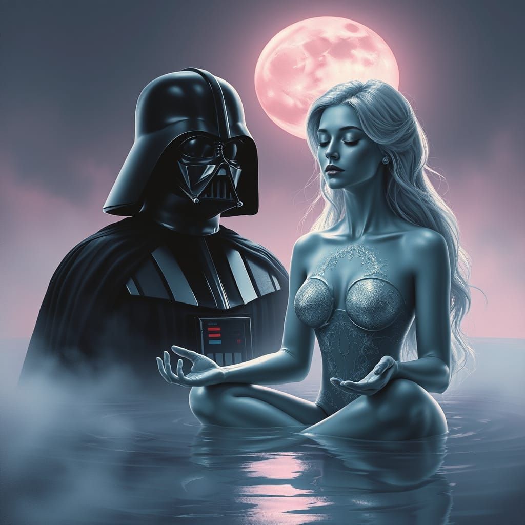 Surreal Portrait of Darth Vader and Silver Woman on Misty La...