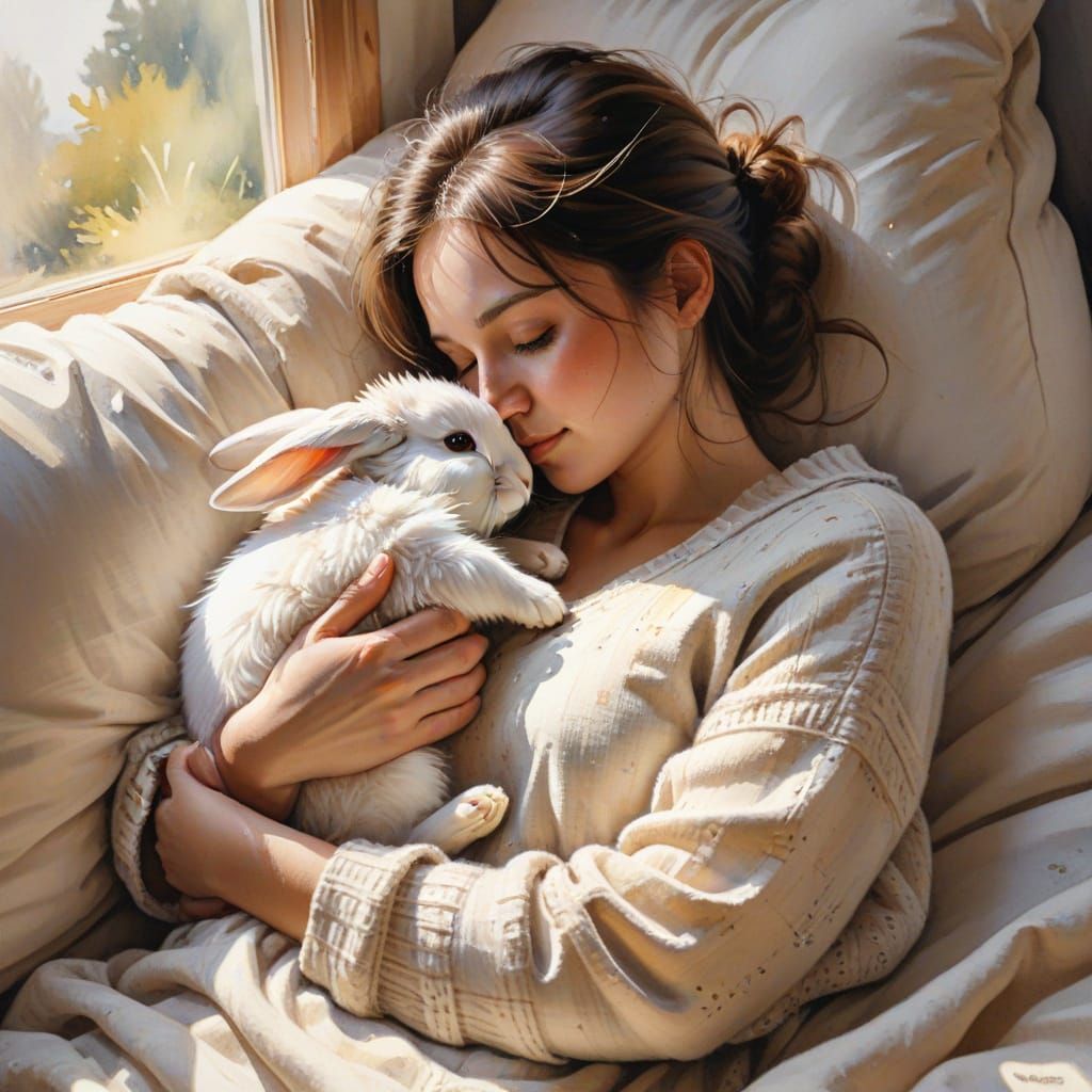 Whimsical Mother and Baby Rabbit in Sunlit Cozy Scene