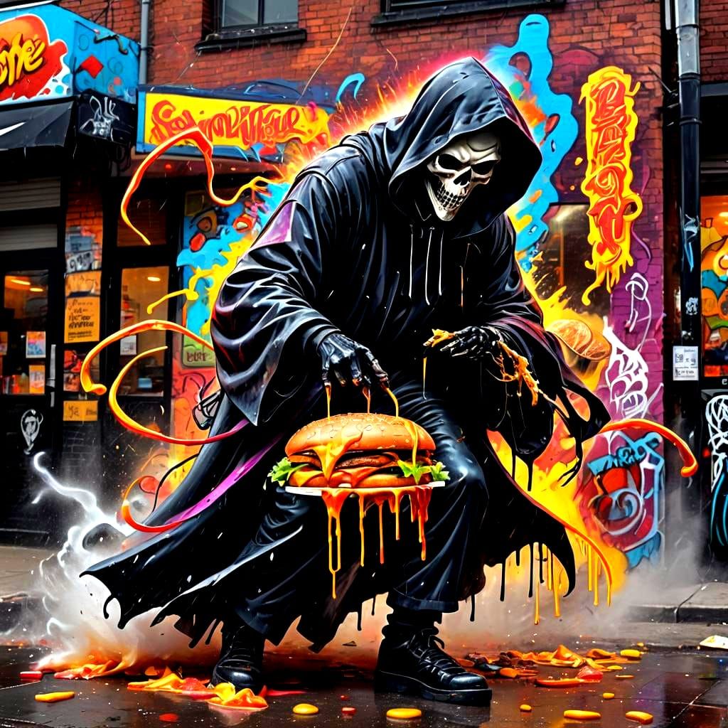 Grim Reaper's Stormy Fast Food Graffiti Art