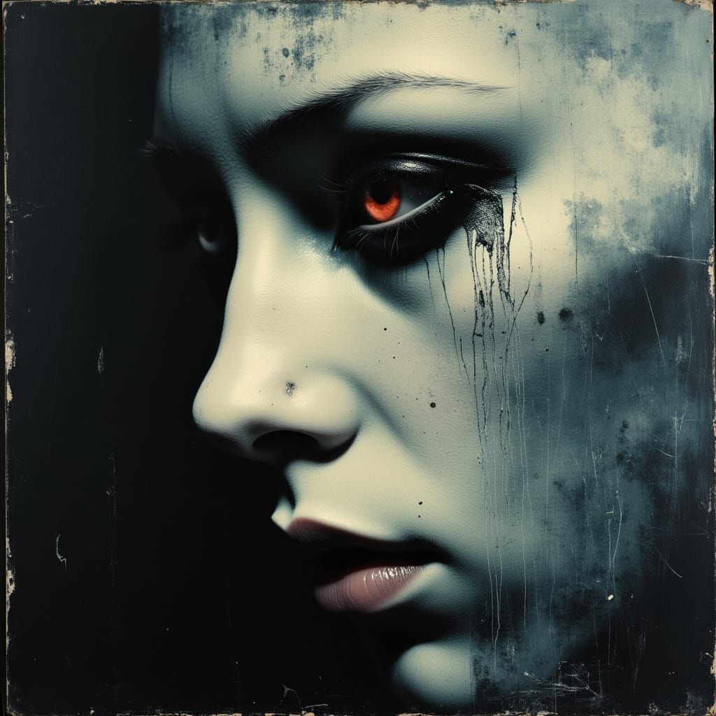 Tearful Face Reflecting Stormy Landscape in Chiaroscuro Styl...