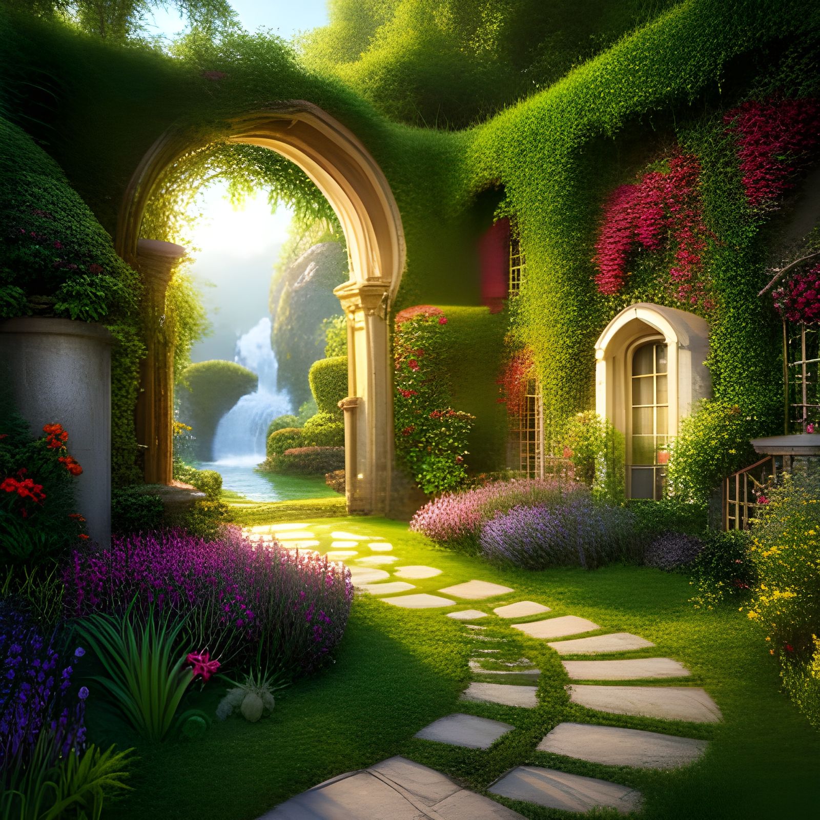 Lush Garden in Morning Sunlight: Detailed Matte Painting