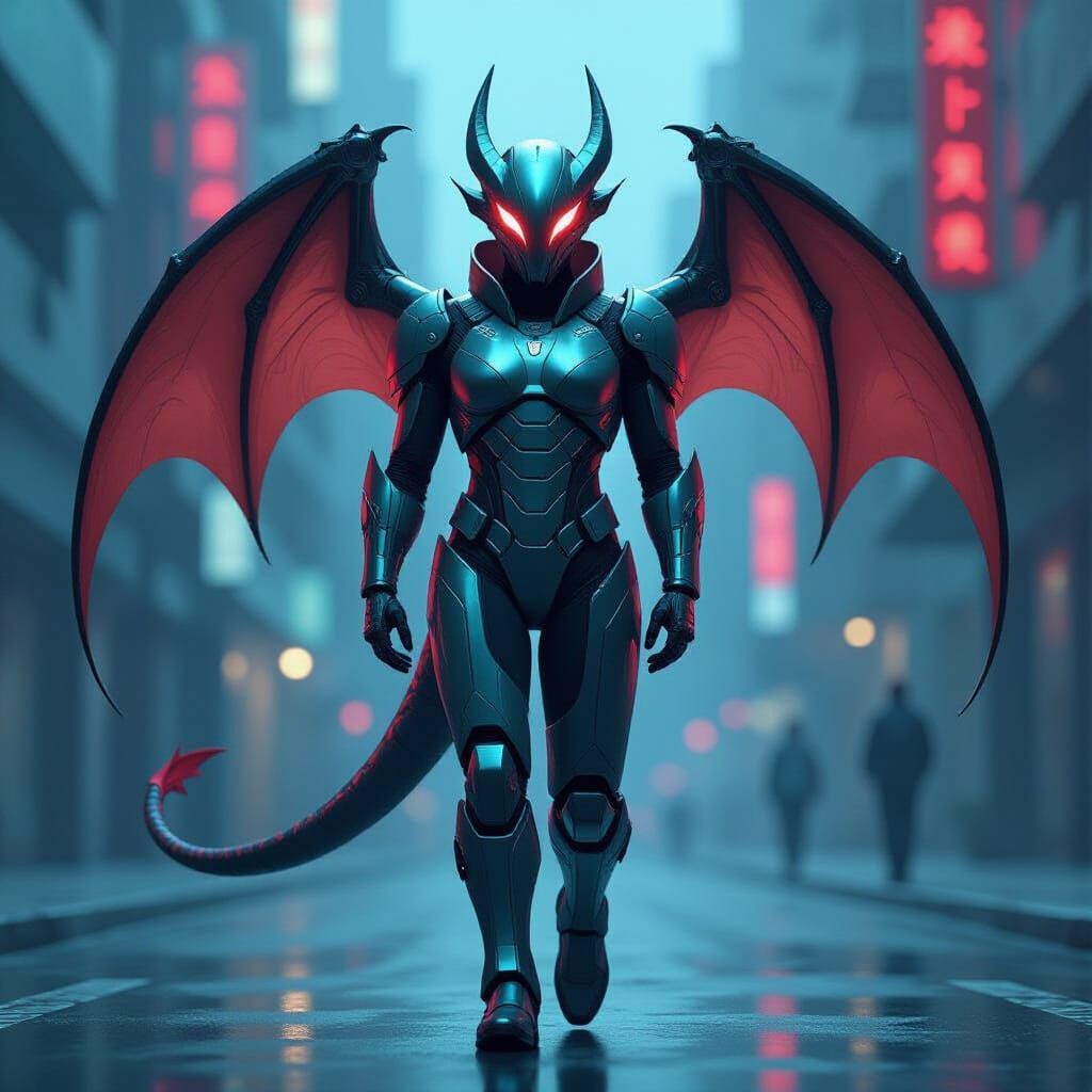 Dragon in Futuristic Suit with Neon Accents