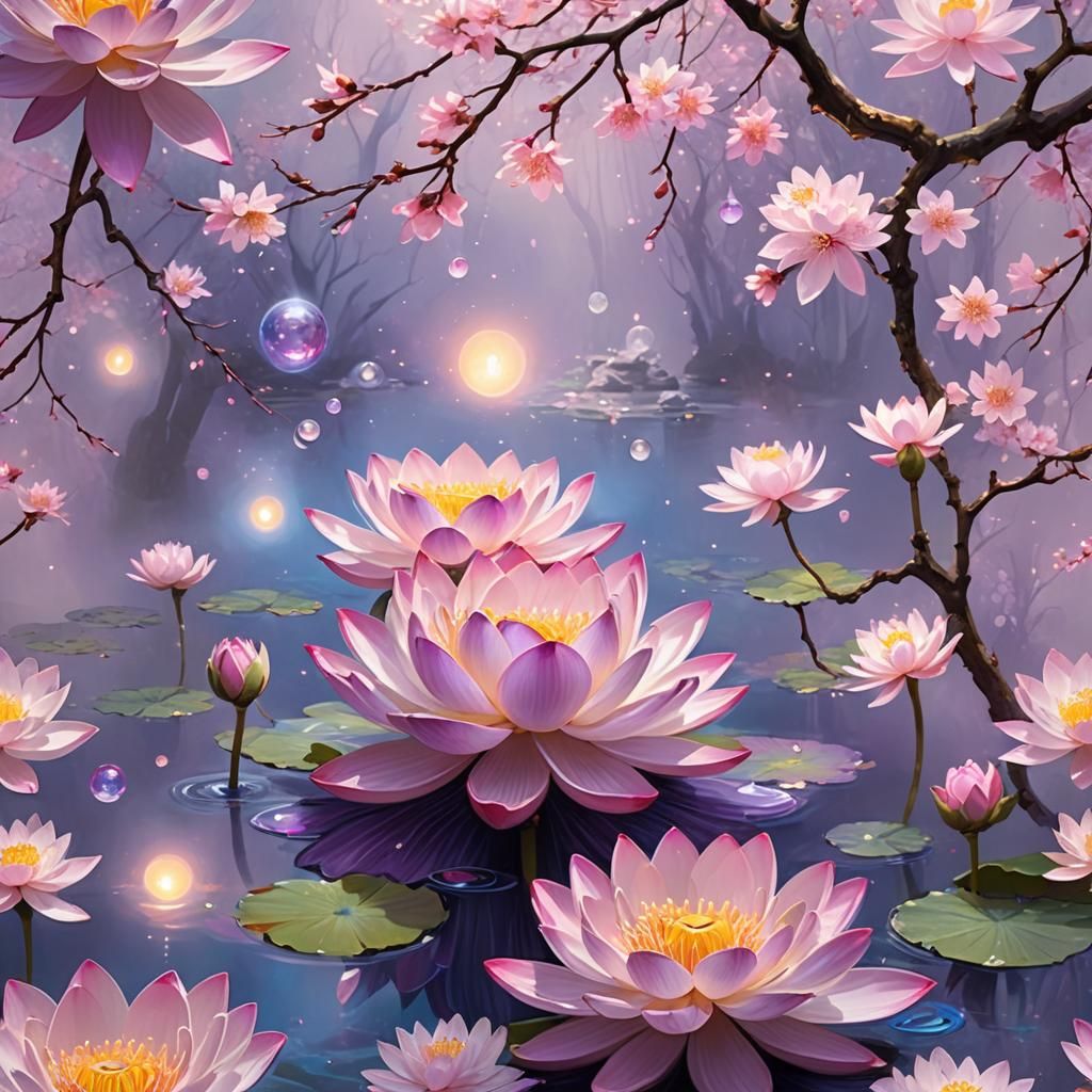 Crystalline Lotus in Iridescent Mist: Dreamlike Ambiance