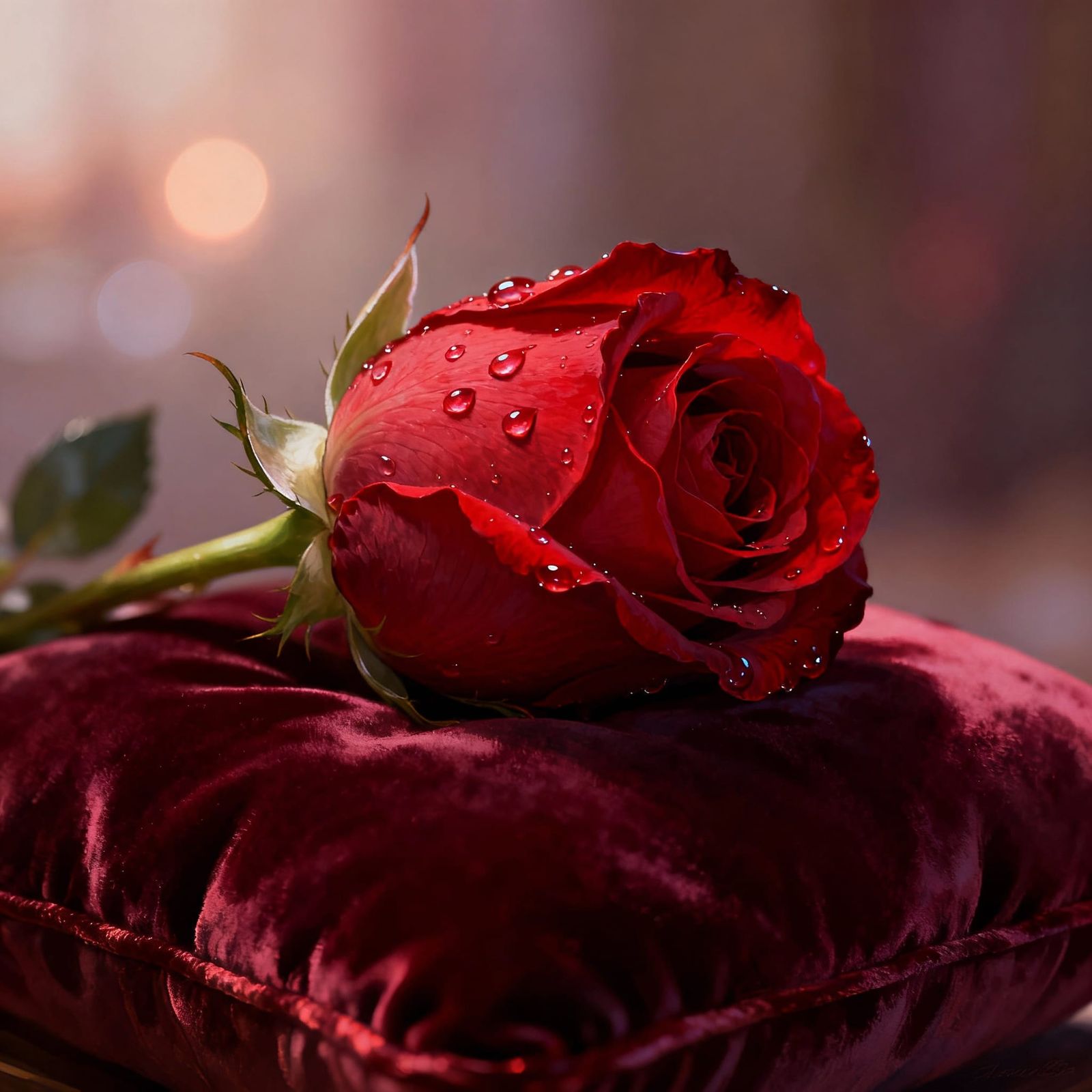 Single Red Rose on Velvet Cushion