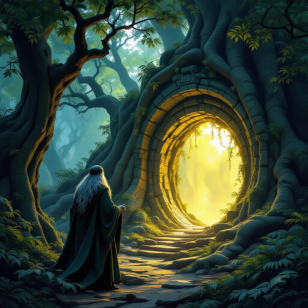 Druid Guarding a Hidden Portal in Fantasy Forest