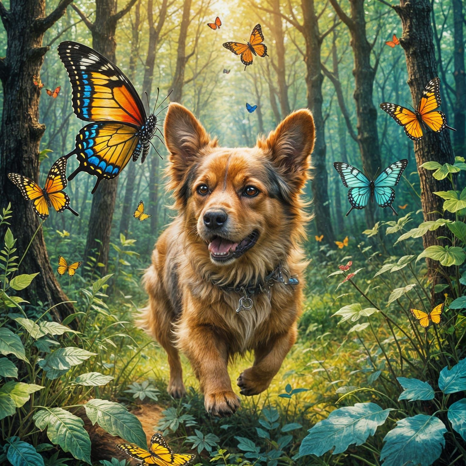 Dog and Butterfly in Surreal Forest