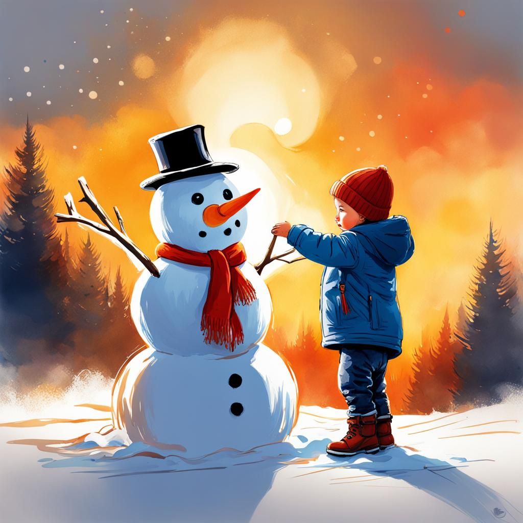 Toddler and Melting Snowman in Watercolor Sketch