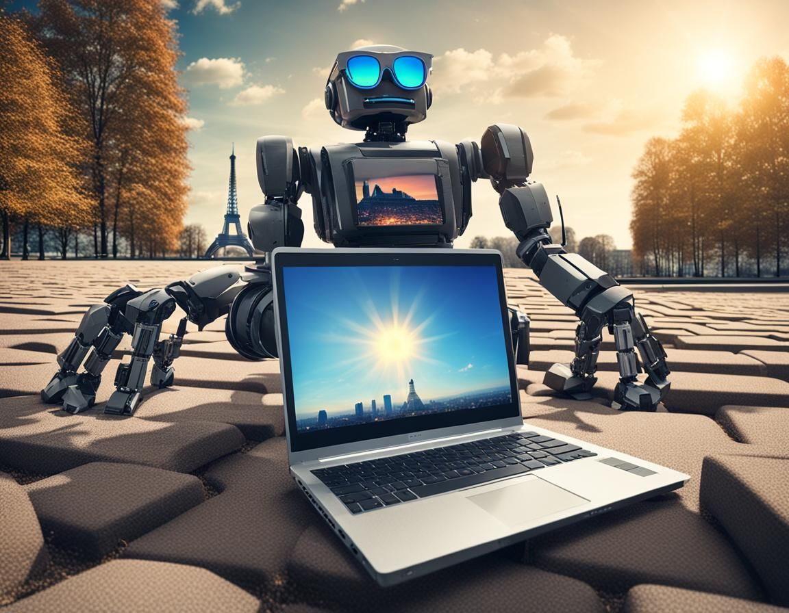 Laptop Under Eiffel Tower with Robot