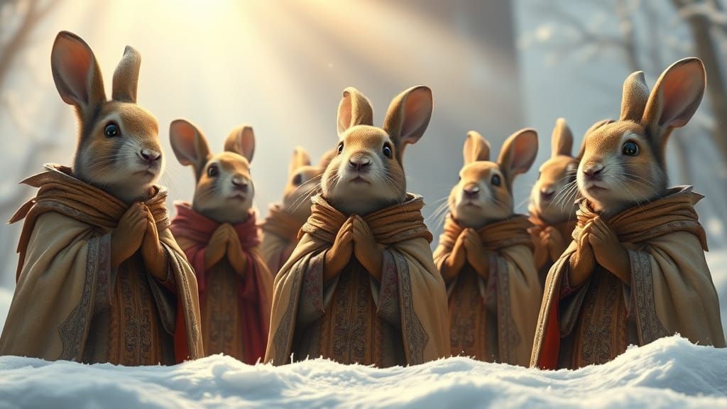 Rabbits Praying in Medieval Attire in Snowy Landscape