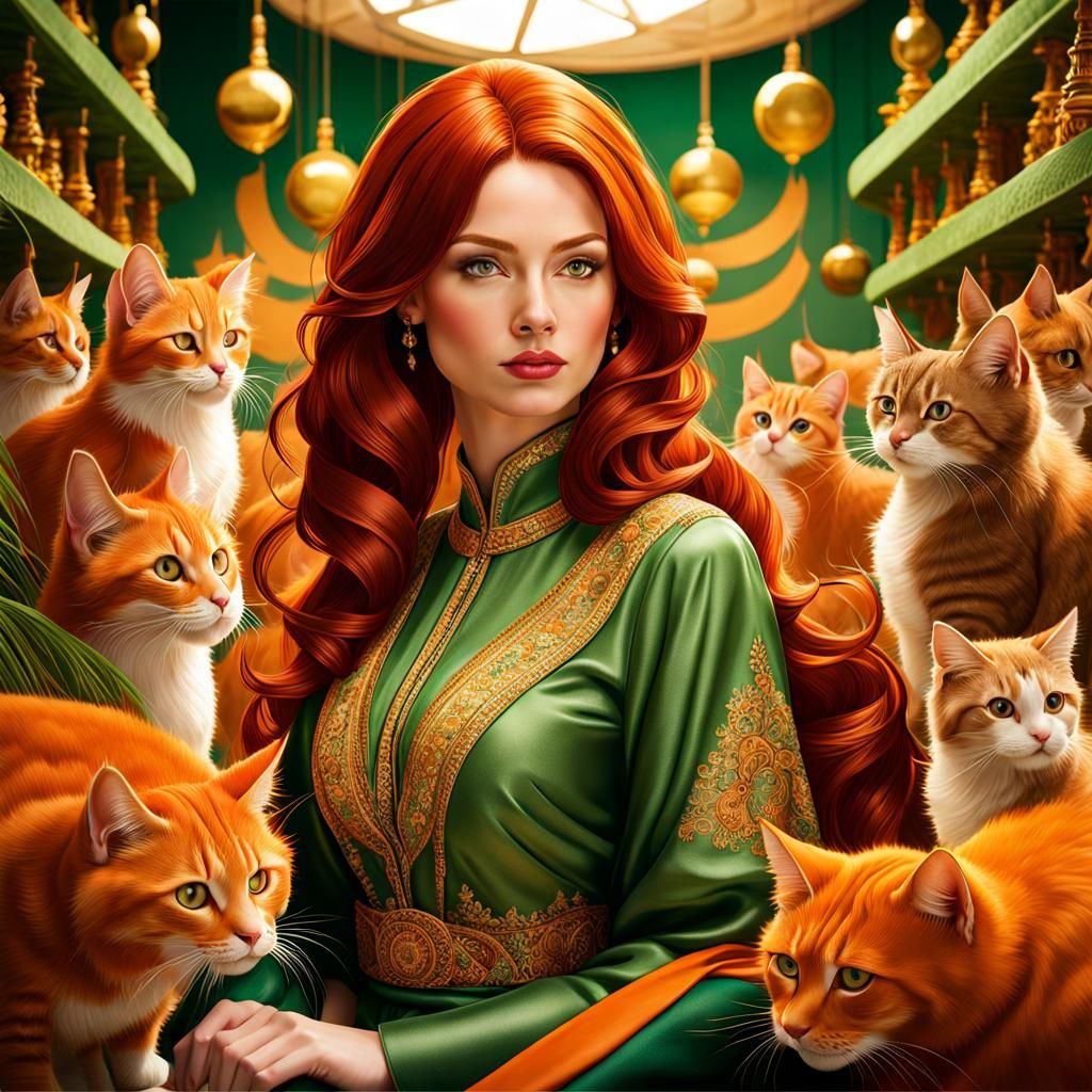 Redhead Woman Posing with Many Cats in Studio
