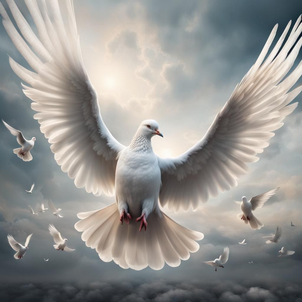 Majestic White Pigeons in Flight: Digital Painting