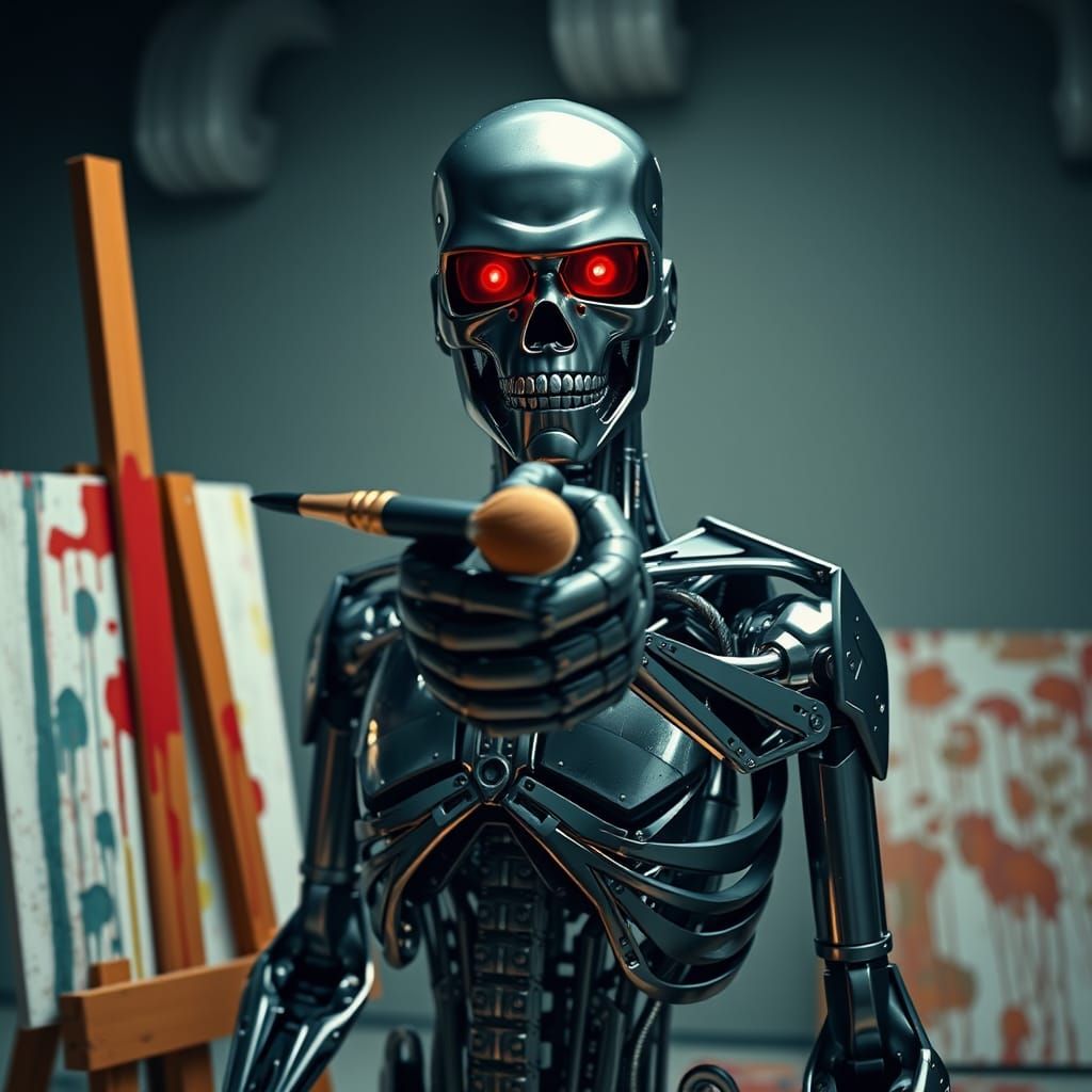 Cinematic Terminator Standing Before Canvas Easel