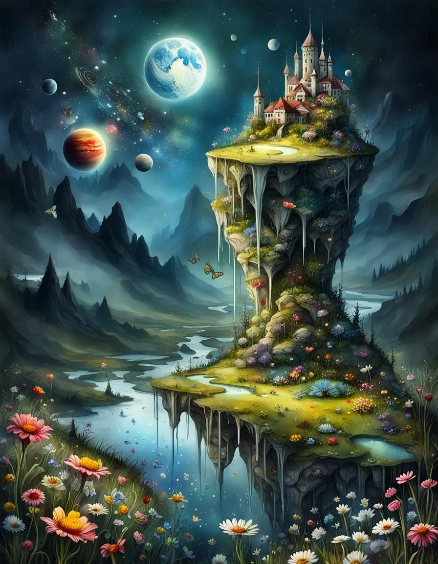 Surreal Flower Meadow Dripping Planets in Watercolor Style