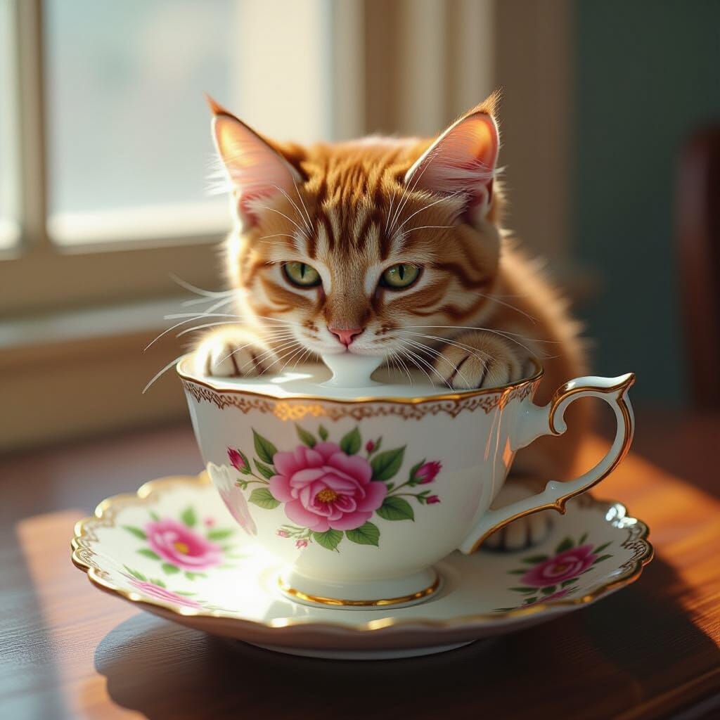 Kitten Sips Milk from China Teacup