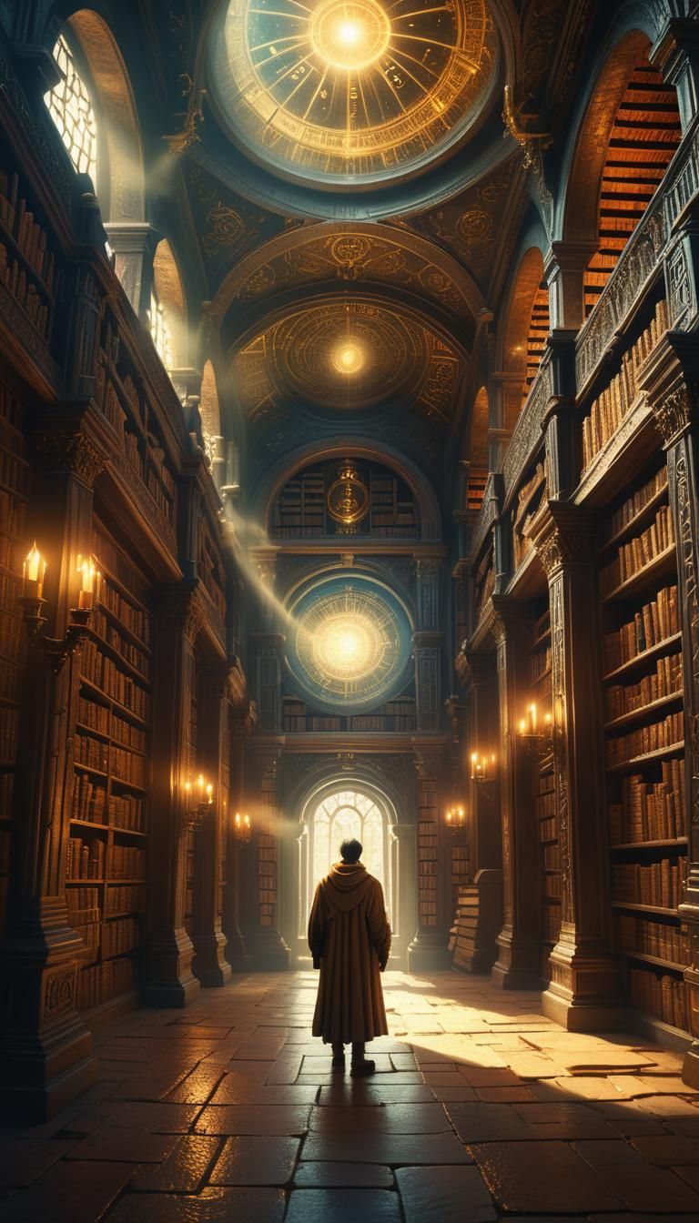 Mysterious Figure in Labyrinthine Library: Digital Matte Pai...