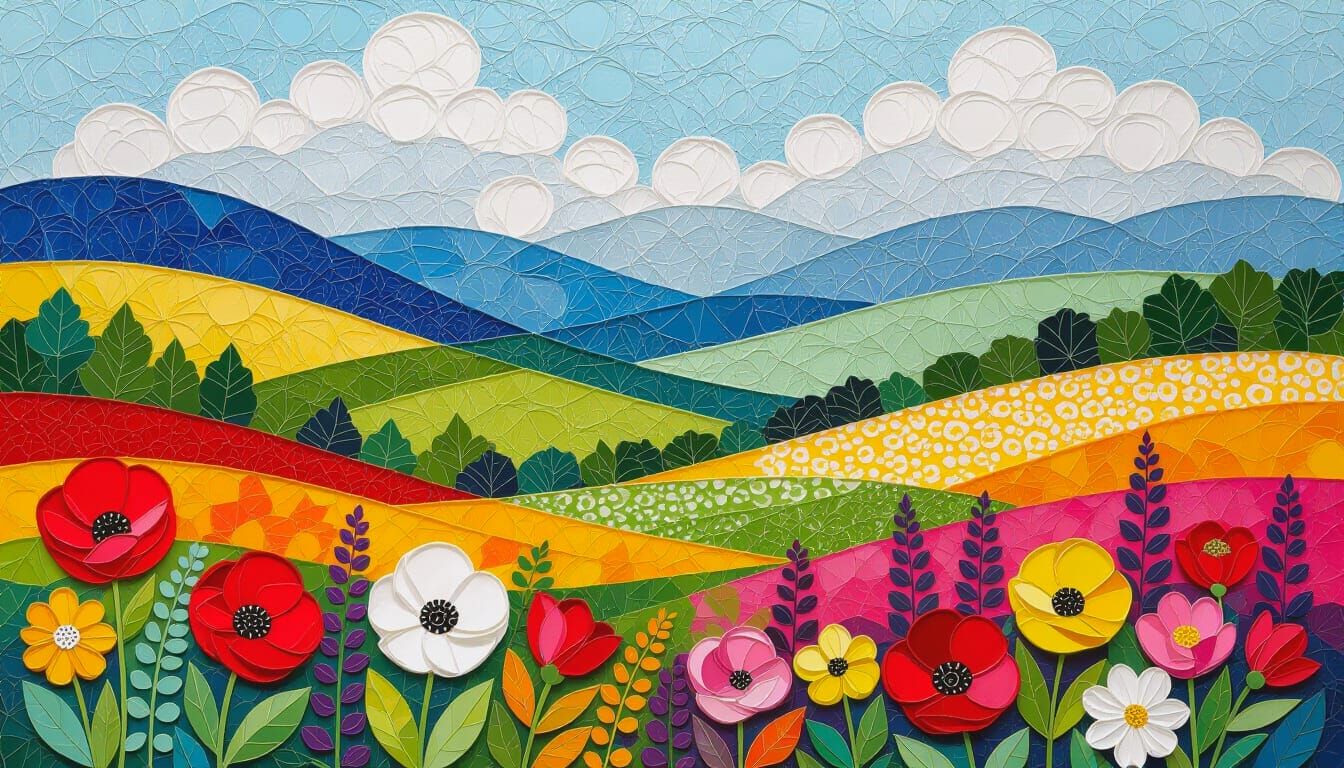 Colorful Flower Landscape Art in Lace Collage Style