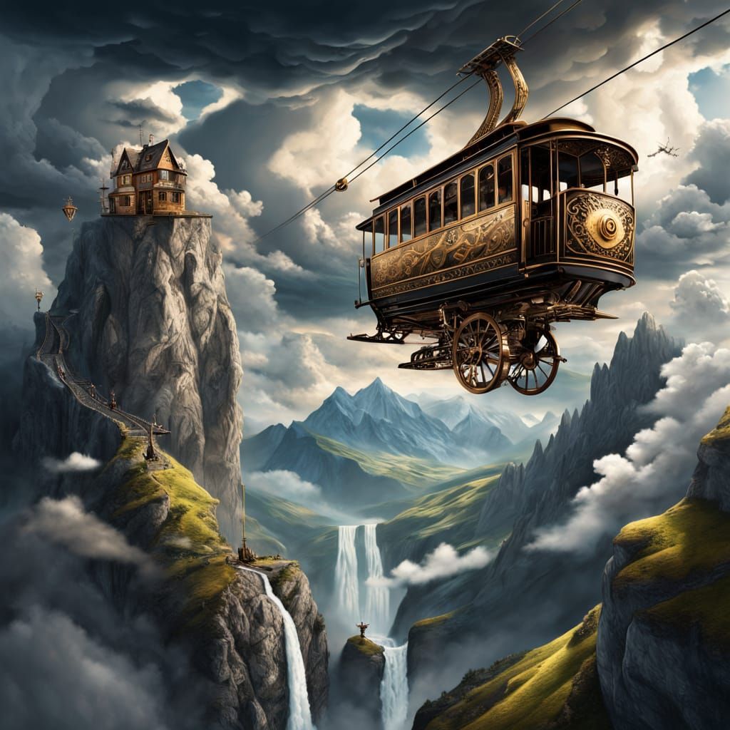 Steampunk Cable Car Climbs Alpine Cliff Beside Waterfall