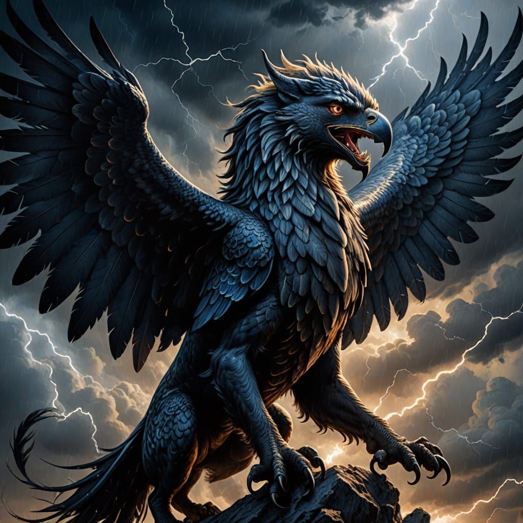 Griffin Soaring Through Stormy Sky as Dark Fantasy Oil Paint...