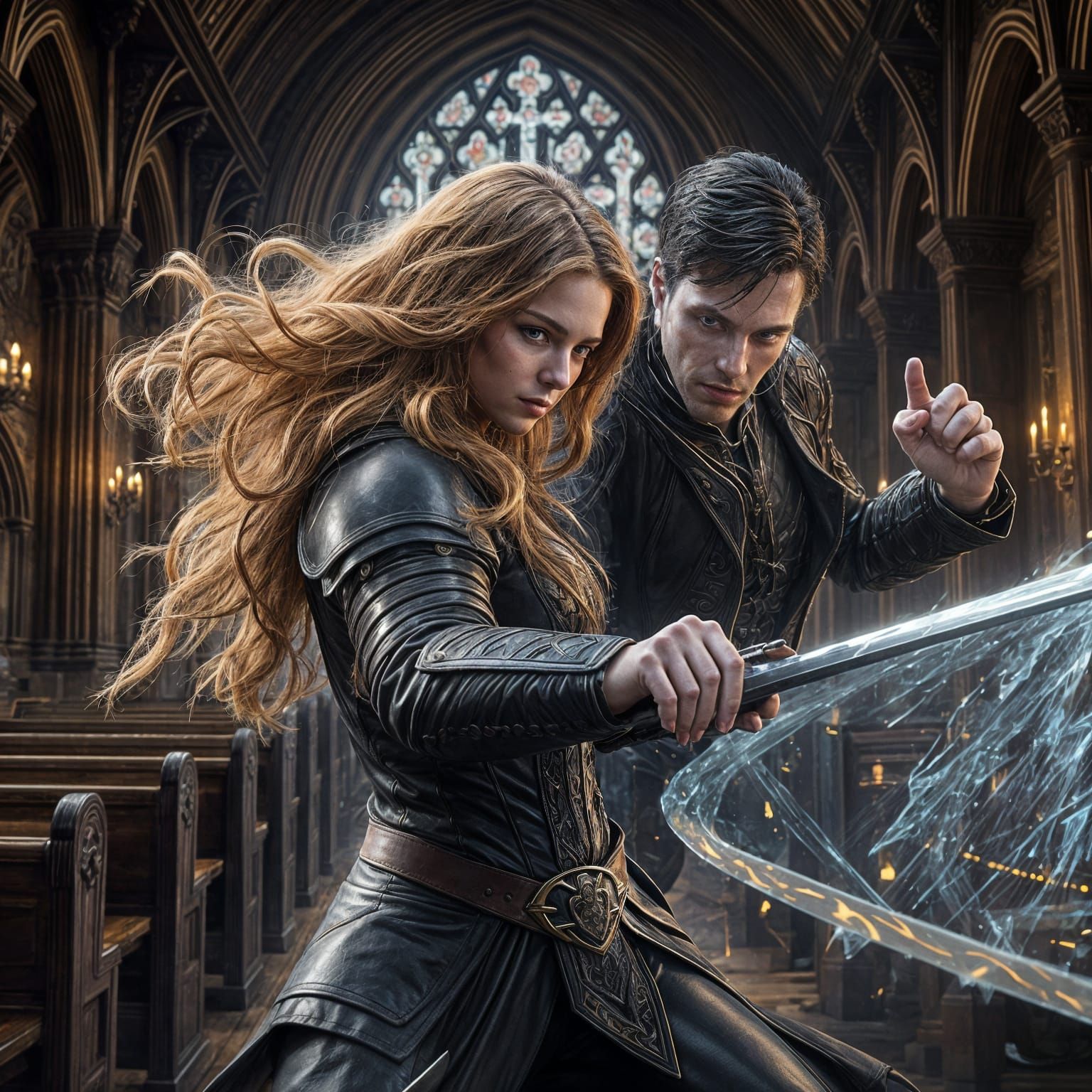 Armored Woman Battles Deformed Man in Church