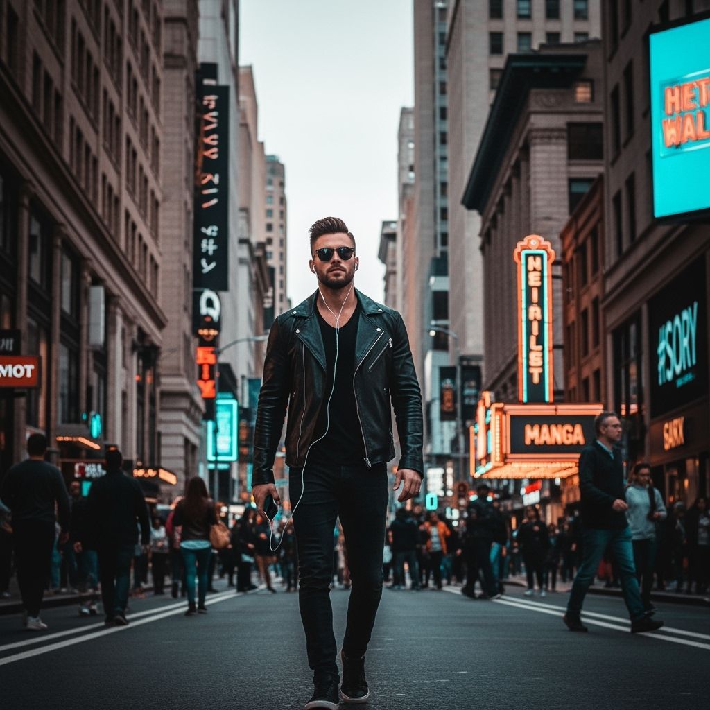 Stylish Man Listening to Music on Crowded Street