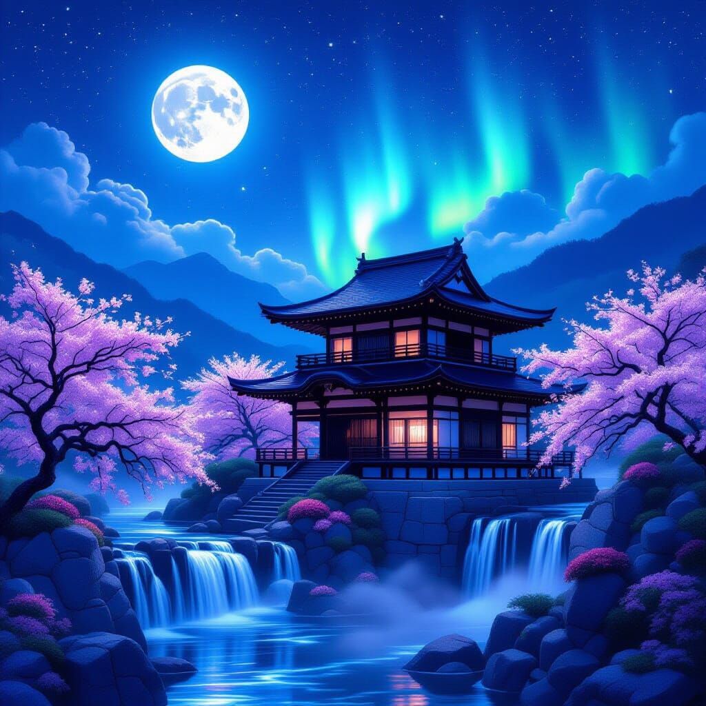 Ethereal Japanese House Under Aurora and Full Moon